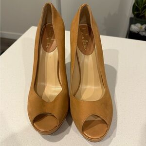 Cole Haan Tan Suede Peep-Toe Pumps